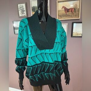 Vintage 80’s Andrew St. John VNeck Teal and Black Women's Sweater
